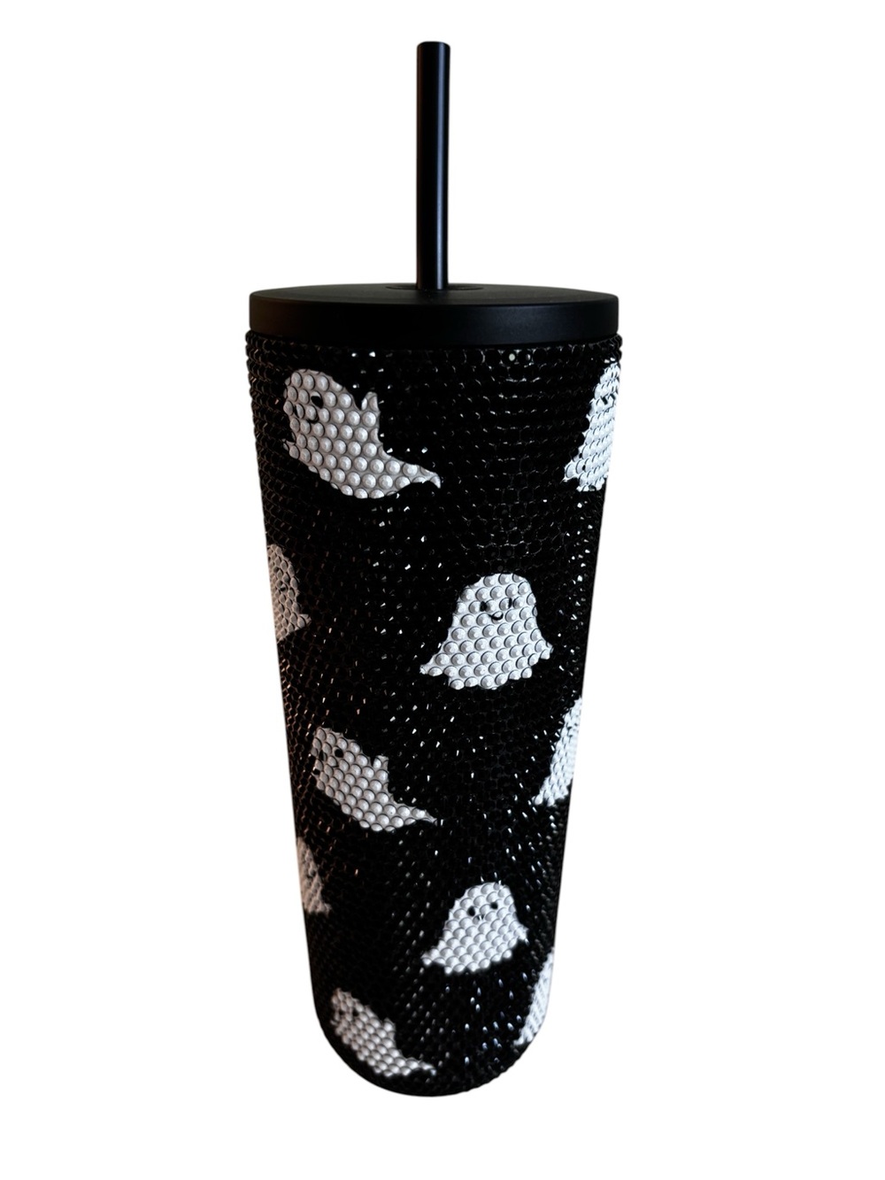 Adorable Black Rhinestone Studded Tumbler w/ White Ghosts. Includes Lid & Straw.